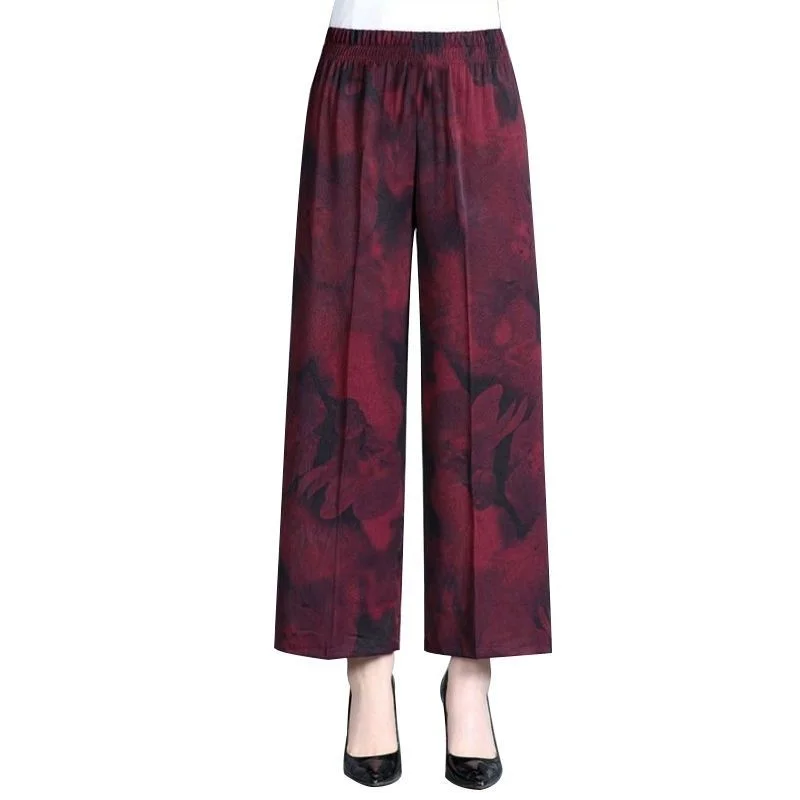 Vintage Print Wide Leg Pants Women's Summer New Casual Loose Mom's Pants For Middle-aged And Elderly High Waist Trousers 4XL