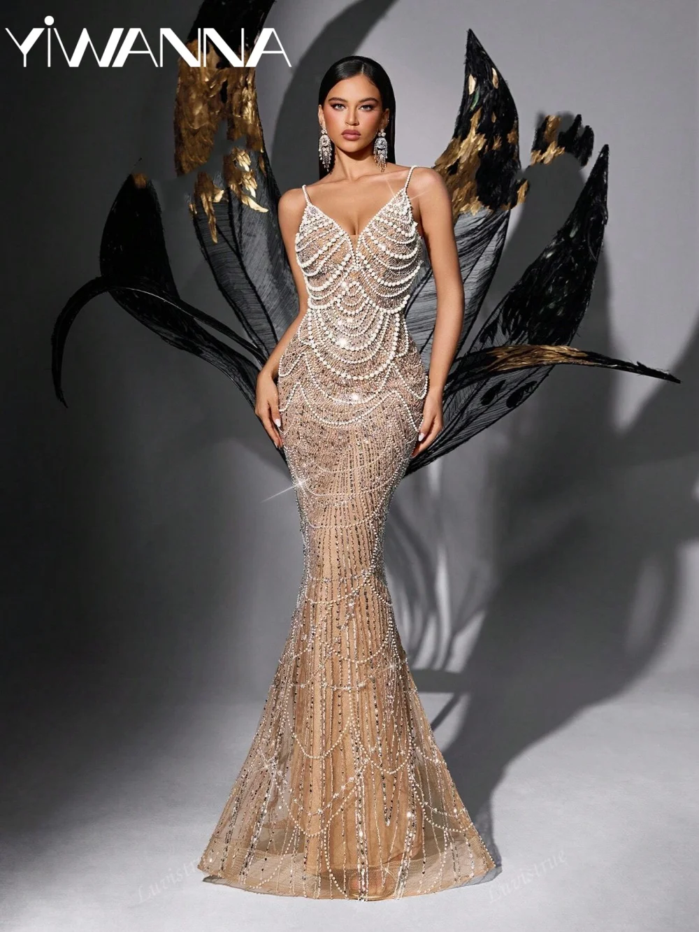 

Вечернее платье цвета шампанского с вышивкой и жемчугом, потрясающее свадебное платье русалки на тонких бретелях, платья для выпускного вечера длиной до пола по индивидуальному заказу