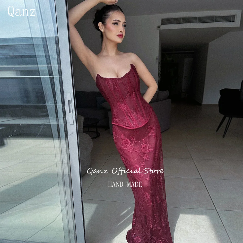 

Qanz Burgundy Mermaid Prom Dress Sweetheart Lace Alliques Corset and Skirt Party gown 2-piece Set Evening Dresses Customized