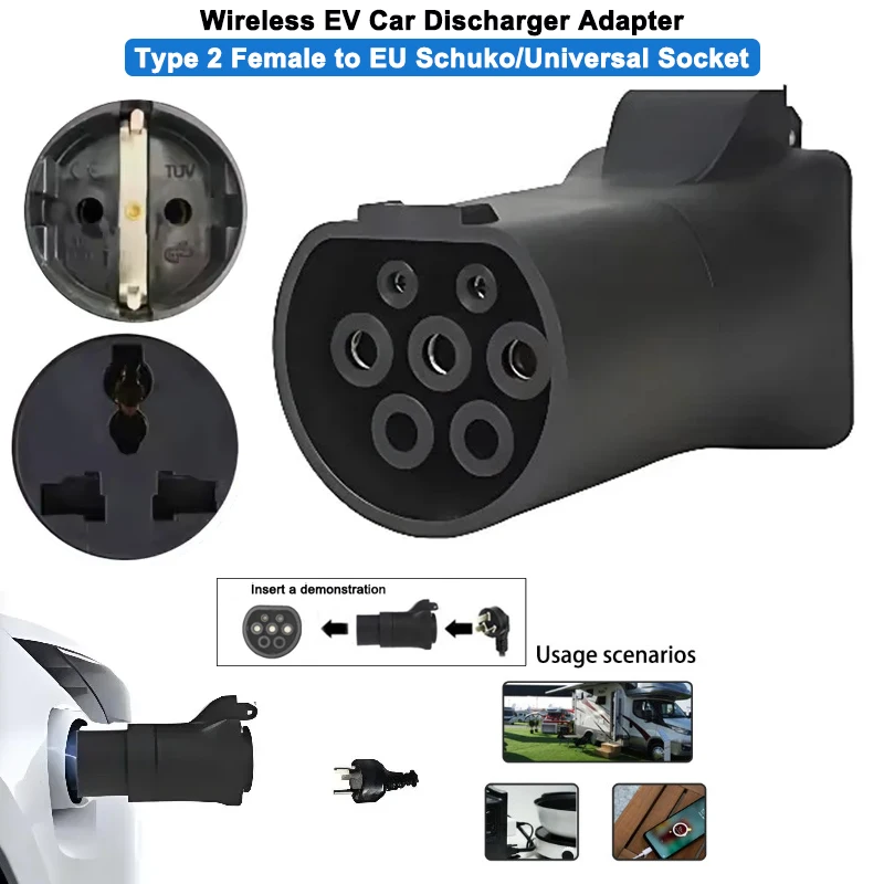 

75Ω 470Ω 2KΩ 2.7KΩ V2L Type 2 Female to EU Schuko / Universal Socket EV Car Discharge Converter Adapter Vehicle Plug Connector