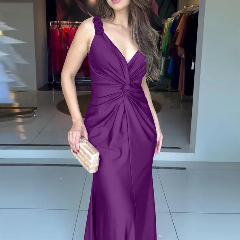 Fashion Solid Color Slim Fishtail Dress Temperament V-neck Twist Sleeveless Halter Dress Elegant Hollow Out Satin Evening Dress