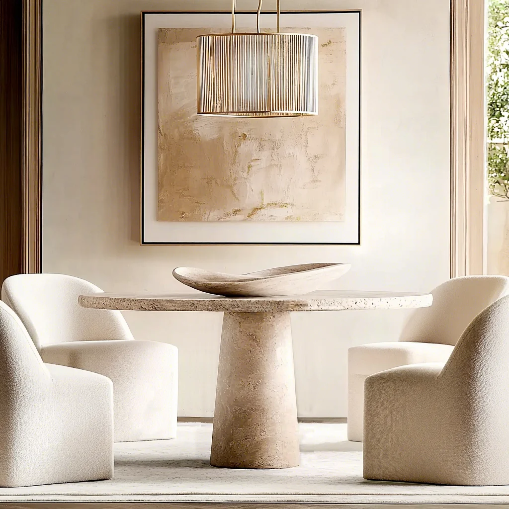 Luxury Modern Travertine Dining Table Set Customized Chair Fabric Color Durable 4-Seats for Dining Room Villa Hotel Use