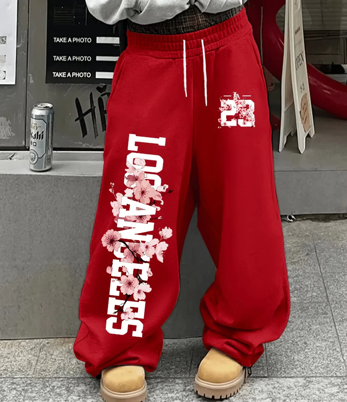2026 Men American Straight Leg Sweatpants Los Angeles Large Letter Sakura Number Print Loose Drawstring Trend Street Daily