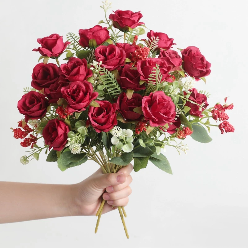 1/2 Stück künstlicher Rosenblumenstrauß für Zuhause, Raumdekoration, künstliche Blumen, Garten, Hochzeit, Party, Dekoration, Outdoor, Weihnachtsdekoration – Detail 6