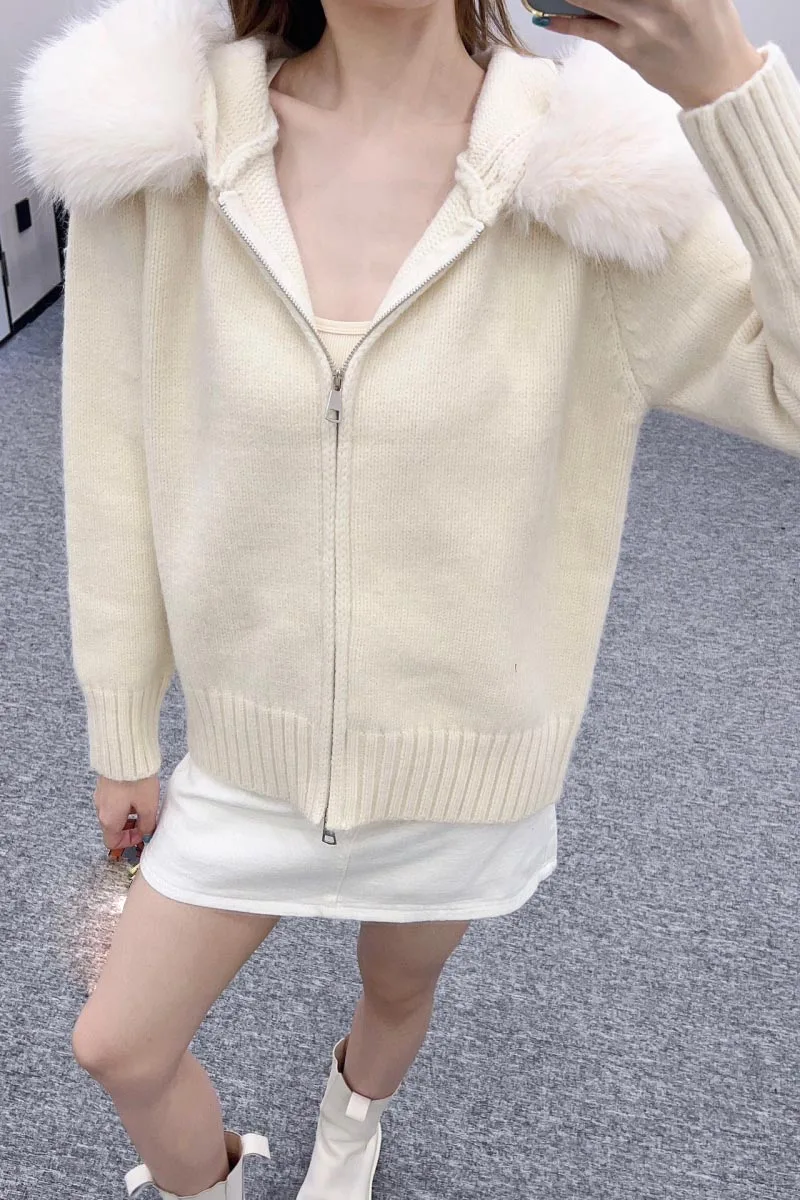 2024 Autumn New Women's Sweater Fashionable and Exquisite Girl Style Hooded Zipper Double Headed Cashmere Knitted Cardigan