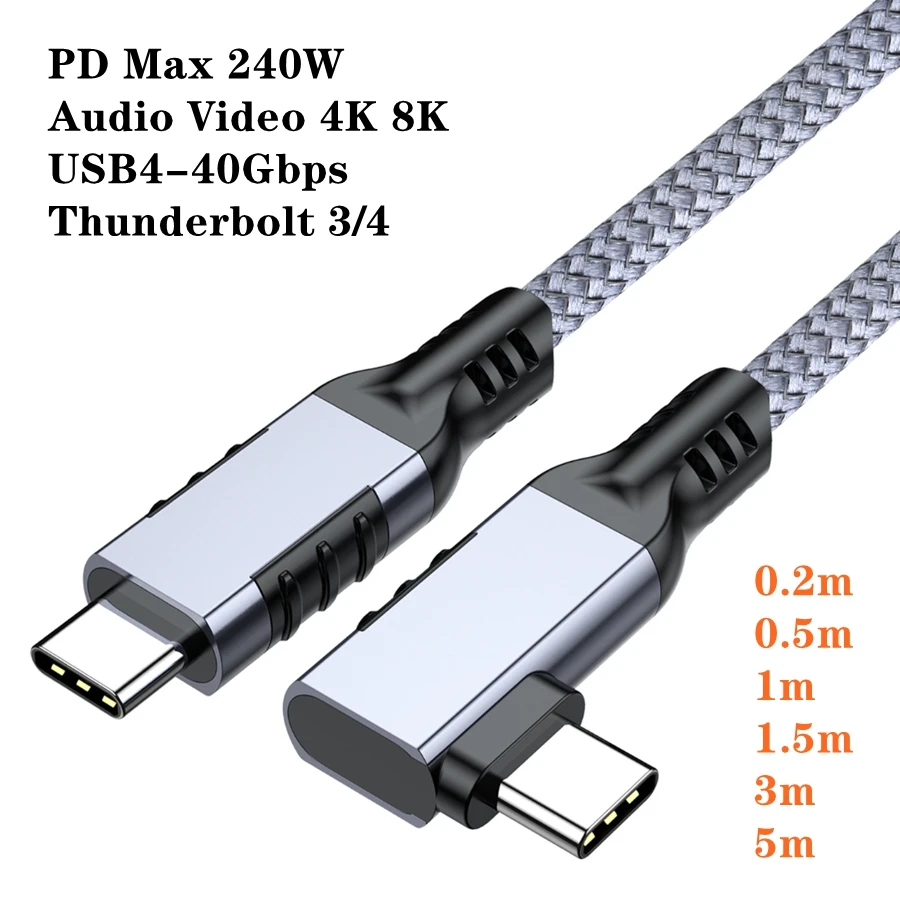 USB4 Elbow 90 Degree Angle Cable Fast PD240W 40Gbps Type-C Thunderbolt3 4 Data Transfer Extend Cord 0.2m-5m for IPad Laptop SSD