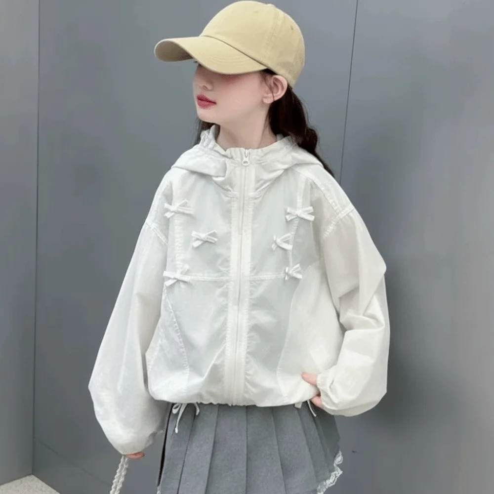 Lightweight Fabric Girls Sun Jacket Breathable Front Zipper Sun Protection Jacket Sheer Look Long Sleeves Children Outerwear