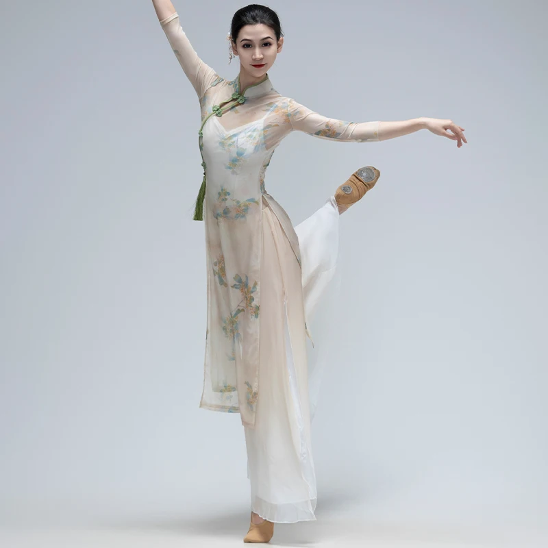 전통 중국 무용 의상 빈티지 Qipao 드레스 + 바지 세트 국립 꽃 프린트 민속 무용 무대 공연 의상