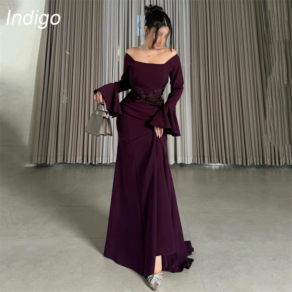 

Indigo Modern Mermaid Prom Dress 2025 Long Sleeve Open Back Pleat Sweep Train Formal Party Prom Gown فساتين السهرة Customized