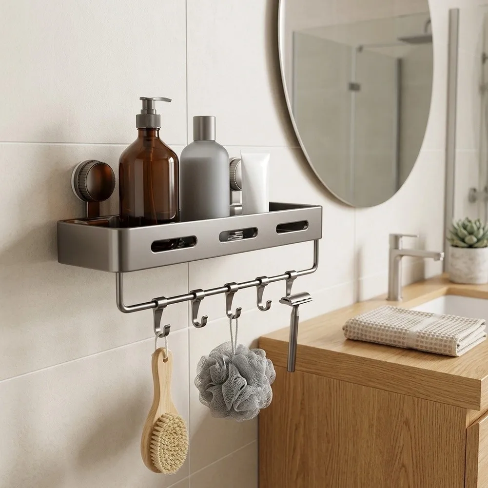 Compact Suction Mounted Shower Shelf with Towel Bar and Hooks for Organizing Essentials in Tight Bathroom Layouts