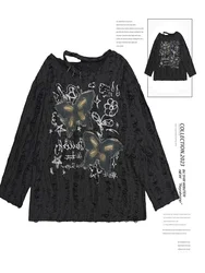 Women's Black Gothic Torn T-shirt Harajuku 90s Korean Y2k Print Tee Top Vintage Long Sleeve Trashy T-shirt 2000s Fashion Clothes