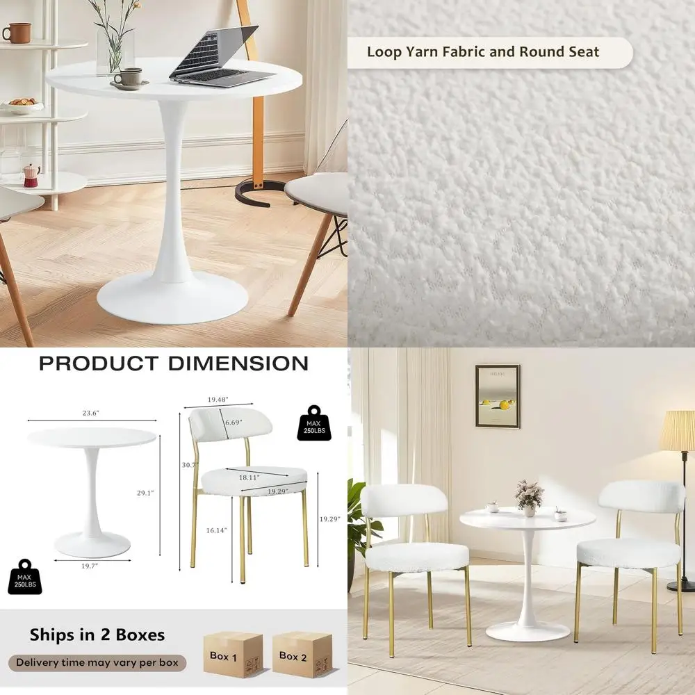 

Compact 23.6 Round Dining Table with 2 Upholstered Chairs for Small Kitchens - Beige Boucle (Space-Saving Bistro Set)