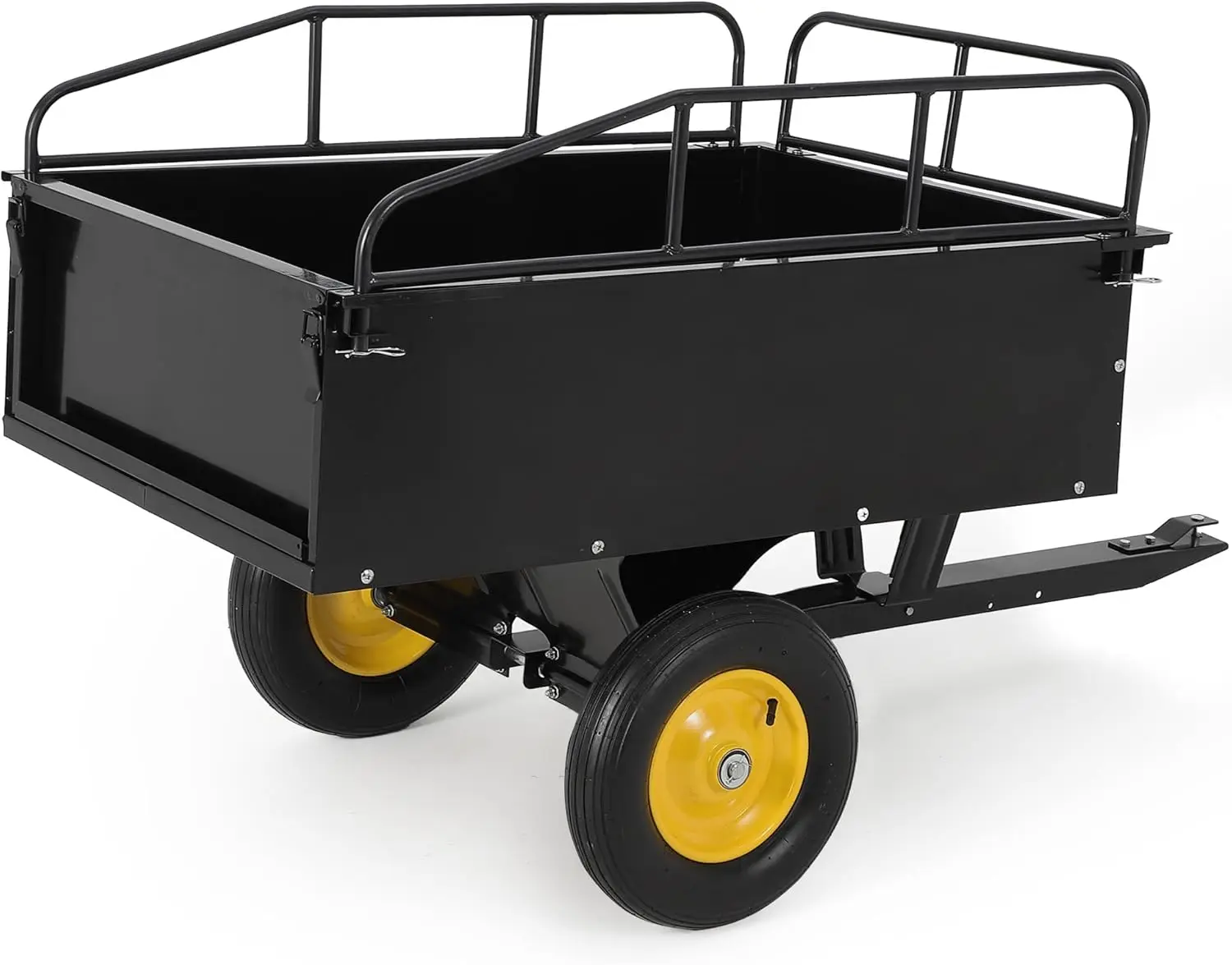 

Heavy Duty ATV Dump Cart Steel Tow Behind Trailer 750 lbs 15 Cubic Feet Garden Utility with Removable Sides