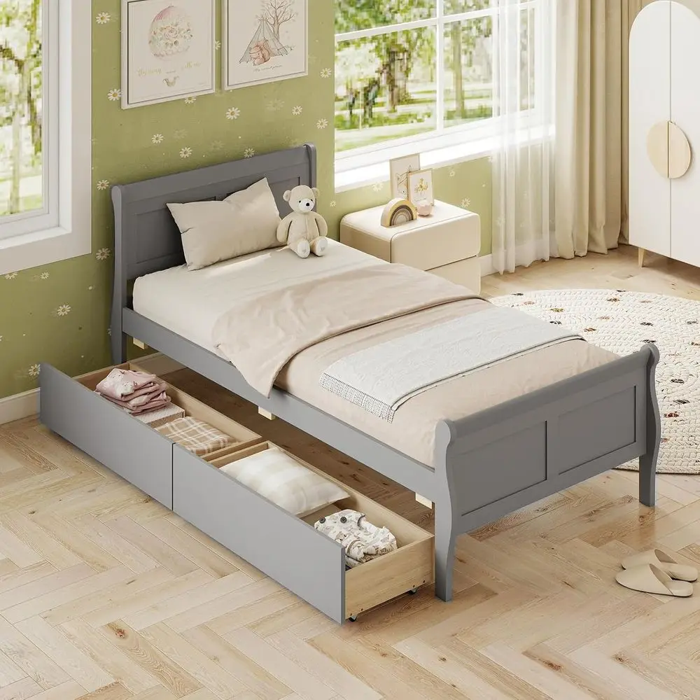 

Серая двуспальная кровать-платформа из дерева с 2 ящиками, ламельным основанием, подходит для детей, подростков и взрослых, не требует пружинного блока.