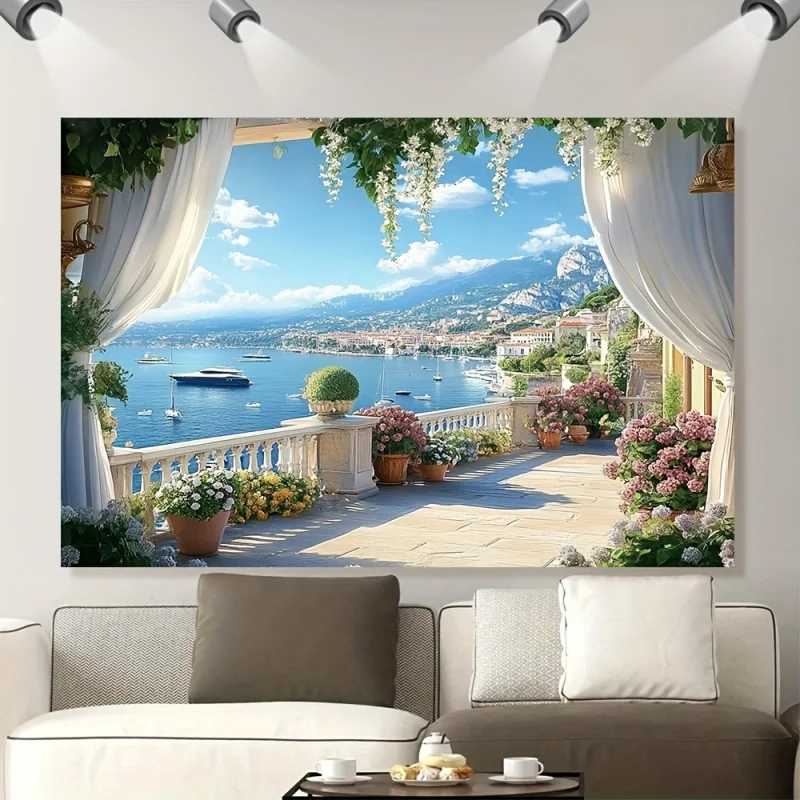 Vintage Elegant Spring/Summer Sea View Tapestry Living Room Bedroom Room Decoration Polyester Fiber Photography Background Decor