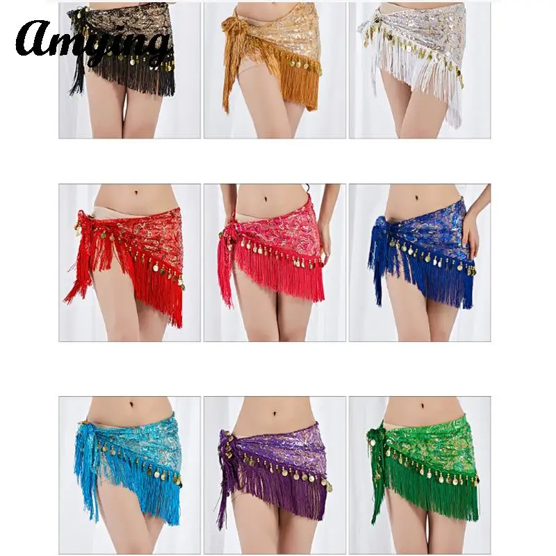 ผู้หญิงพู่ Belly Dance ผ้าพันคอสะโพกผู้ใหญ่ Dancewear Oriental อินเดียเต้นรําเข็มขัดเอวกระโปรงเหรียญพู่เลื่อมเอวผ้าพันคอ