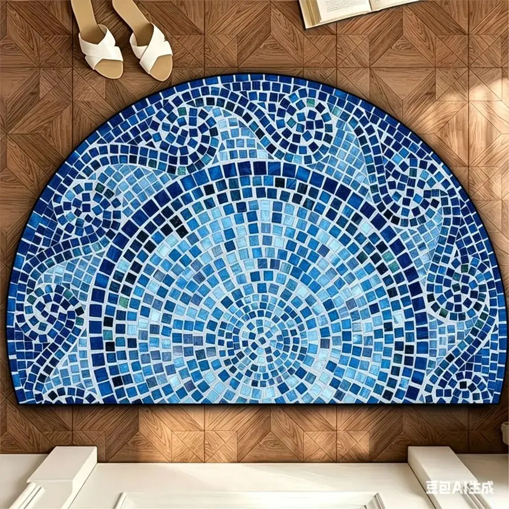VIKAMA Anti-slip Half Round Doormat Mediterranean Mosaic Blue Geometric Rug for Entryway Decor