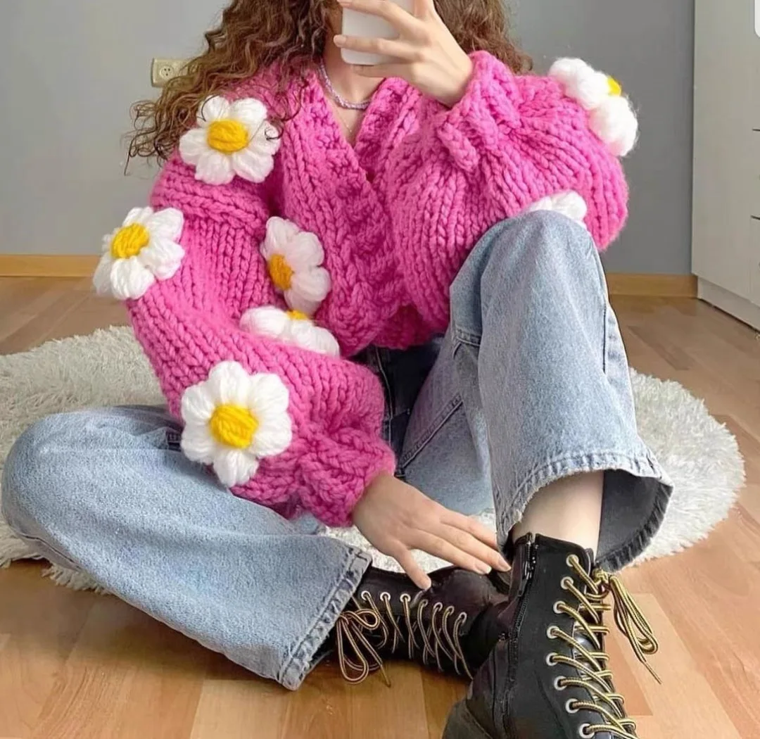 JSXDHK Fashion Women 3D Floral Handmade Sweater Cardigan Luxury Sweet Fall Winter Lantern Sleeve Knitted Loose Short Open Stitch