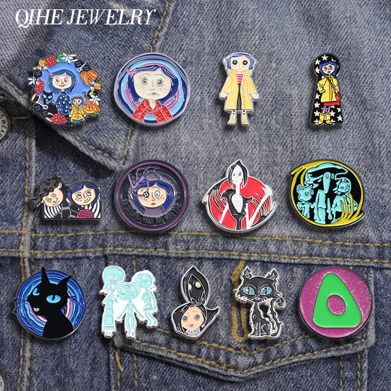 Horror Animated Films Coraline Doll Enamel Pins Cartoon Character Role Brooch Lapel Badge Punk Halloween Jewelry Gift for Friend