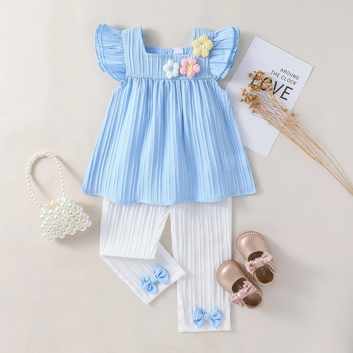 

Children Clothes Sets For 1-6Y Summer Sleeveless With Flower Sea wave strip Top& Solid Long Pants Casual Clothes Suit