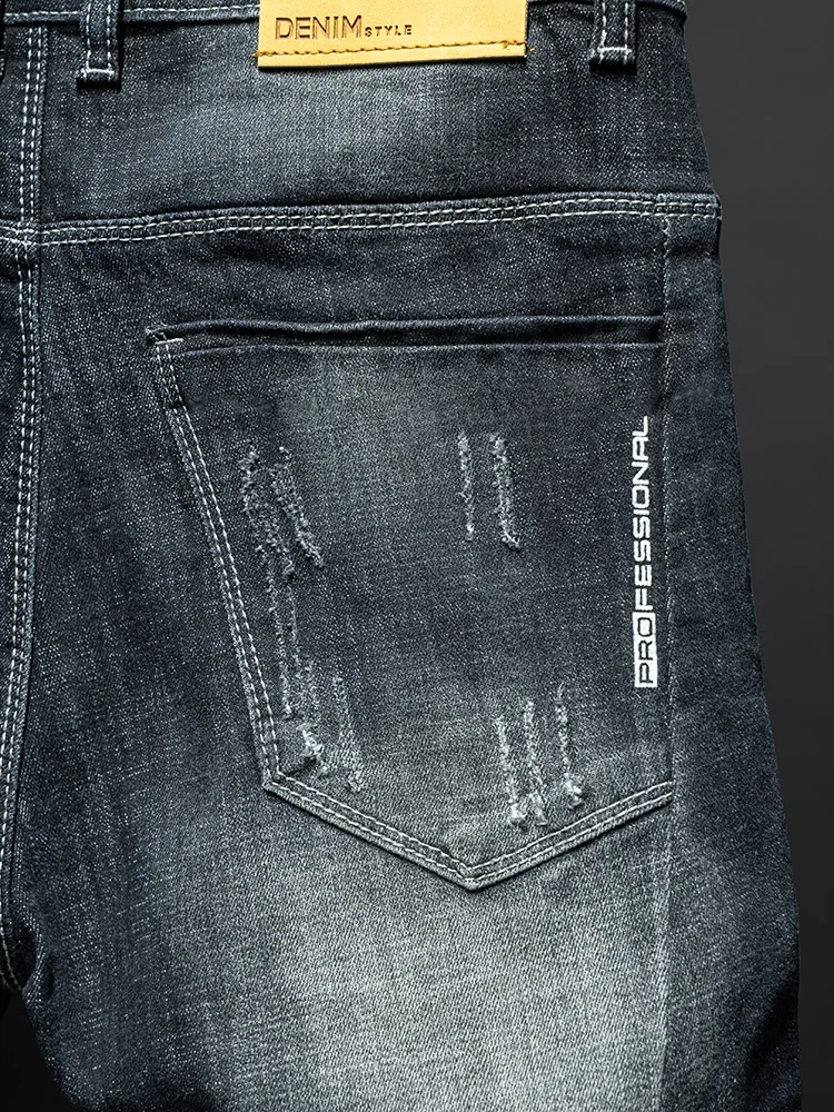 Fashion Ripped Men\'s Slim Straight Stretch Jeans Korean Personality Streetwear Denim Pants Classic Black Hip Hop Male Trousers