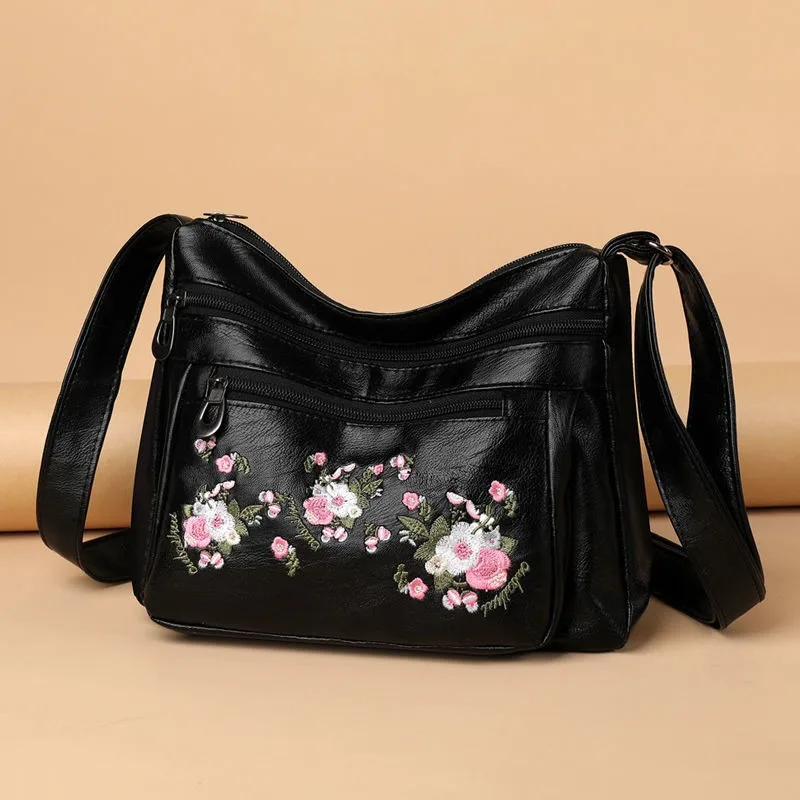 Multi-layer Artificial Leather Texture Large-capacity Women Bag Fashion Embroidery Soft Leather Lady One-shoulder Crossbody Bag