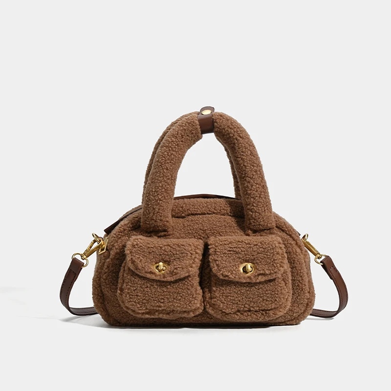 

Branded Retro Plush Shoulder Bag Stylish Brown Bowling Bag New Winter Solid Color Women Boston Handbag Multi-pocket Lock Design