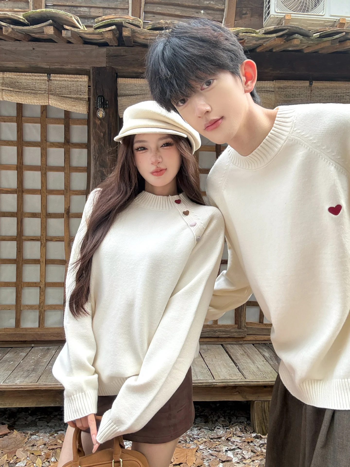 Korean Style Half High Collar Heart Pattern Couple Sweater Casual Versatile Lazy Style Knitted Shirt Autumn Winter New Arrival