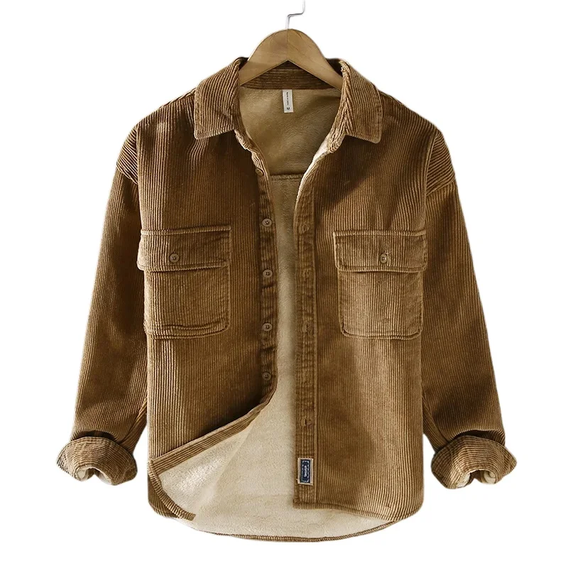 Harajuku Winter Mens Shirts Daily Casual Fleece Warm Top Solid Color Corduroy Long Sleeve Shirt with Pockets Loose Vintage Shirt