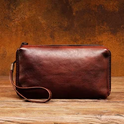 Retro Hand-painted Vegetable Tanned Leather Handbag MEN'S Casual Long Money Baotou Layer Leather Zipper Wallet Clutch Bag Soft