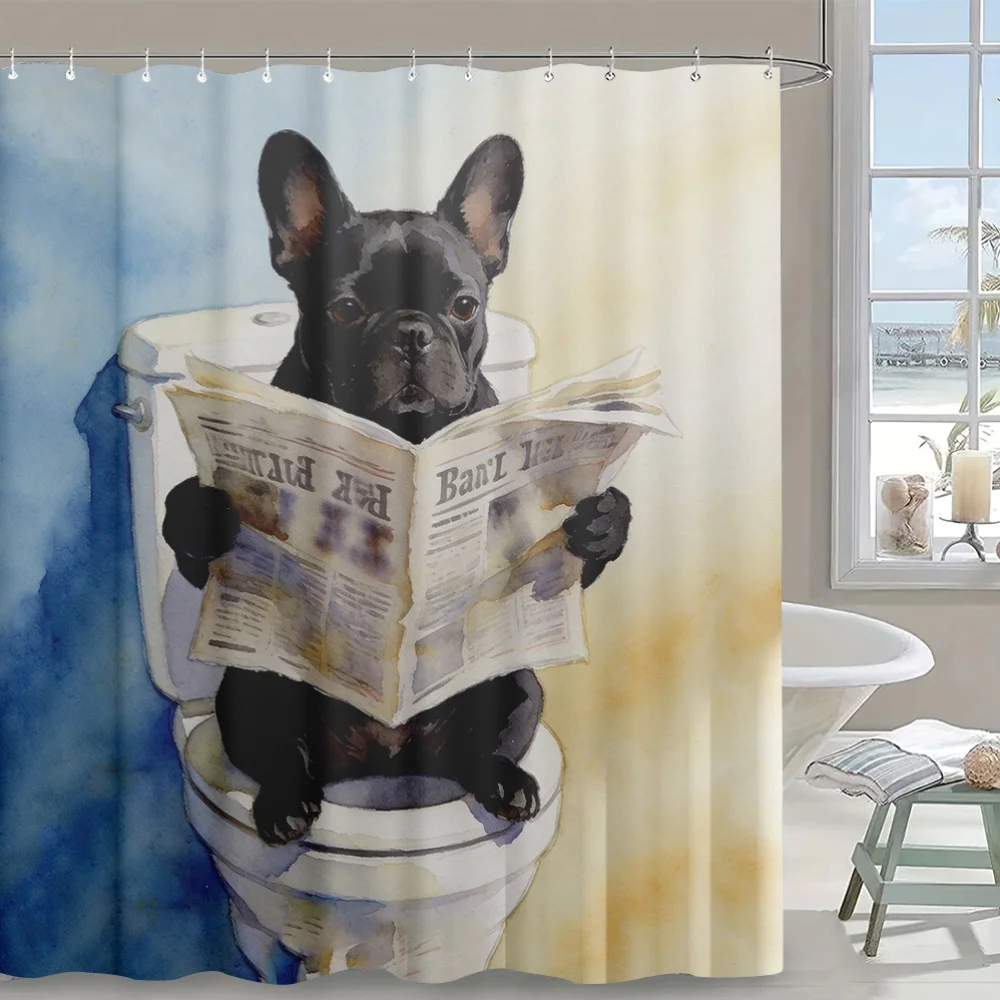 Funny French Bulldog Dog Reading Newspaper Shower Curtain Pet Decor Waterproof Bathroom Liner for Modern Home 180x180cm