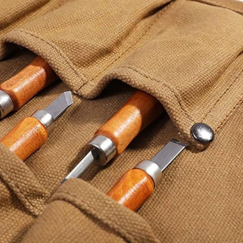 E7CD Tool Roll Heavy Duty Small Tool Bag Tool Waxed Canvas for Chisels Hammer Camping Pocket Gouges Tool Storage Bag