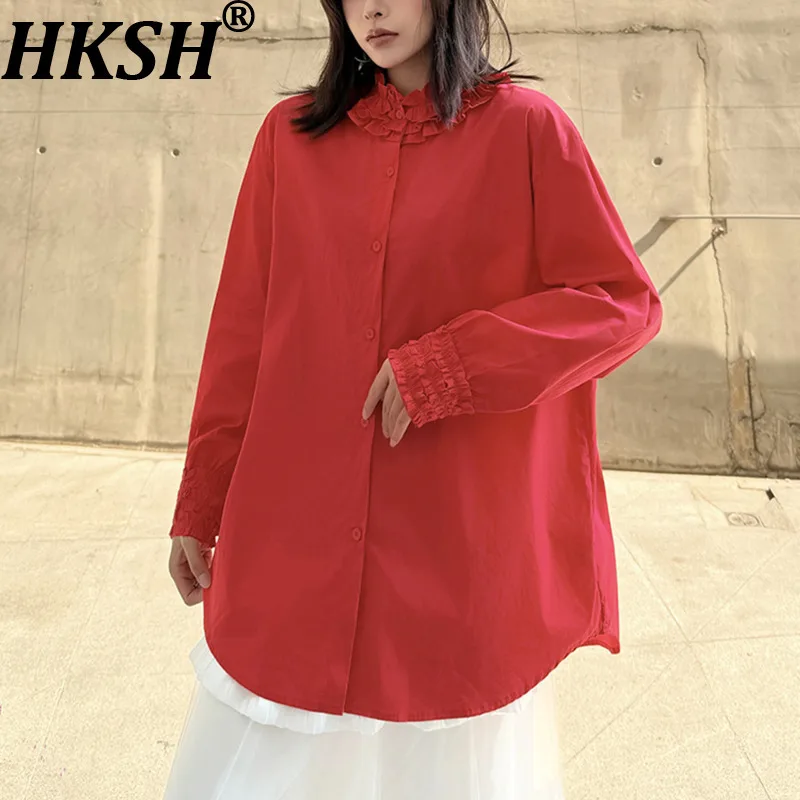 

Новая женская блузка HKSH 2026: весенняя, с воротником-стойкой, длинными рукавами, на пуговицах, с оборками, элегантная, оверсайз, повседневная, модель HK18724