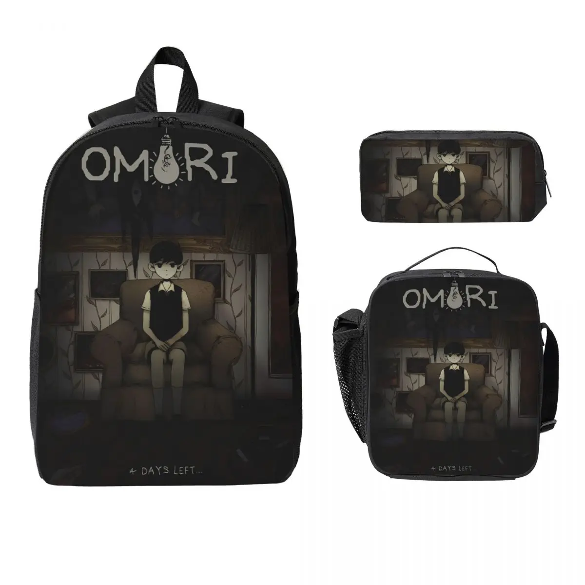 3Pcs Omori Funny Video Games School bags Set for Boy Girl Pen Bags Backpack Sets with Lunch Box For School Students Daypack