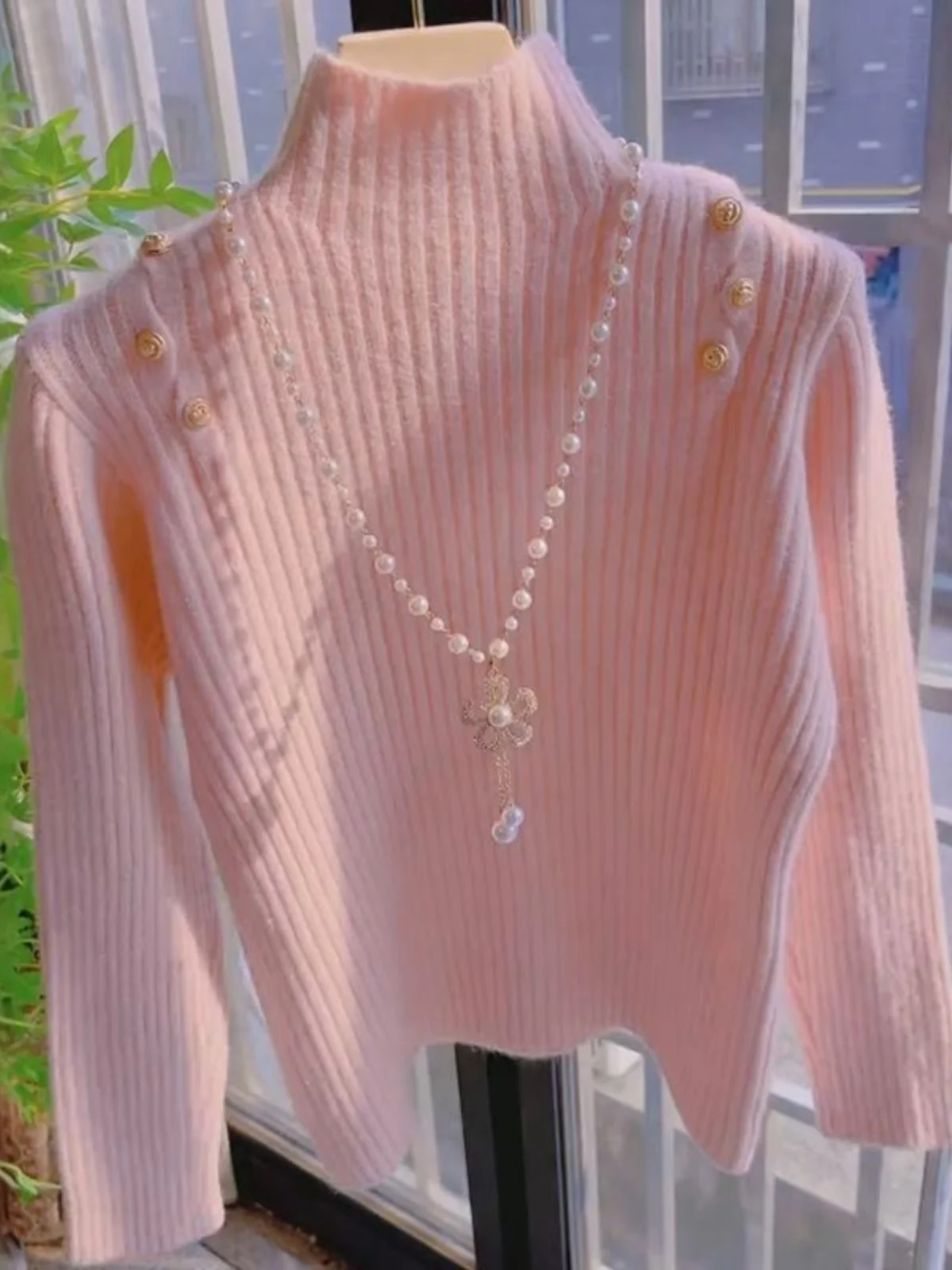 

Женский вязаный свитер Thiened Base irt f с высоким воротником, милый розовый, осенне-зимний, внутренняя одежда, облегающий крой, длинный...