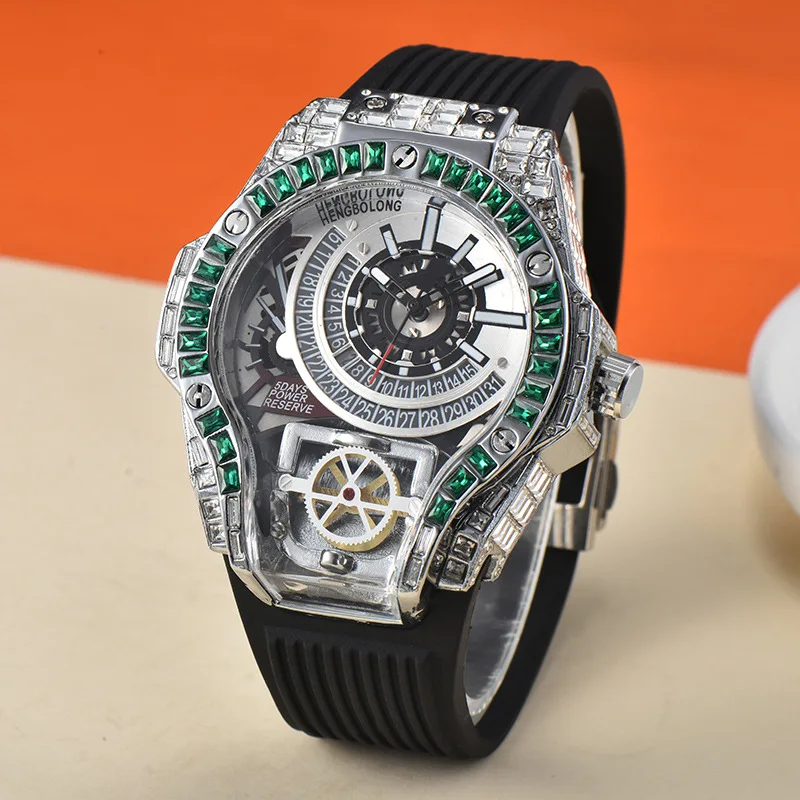 High Quality Iced Diamond Watch Green Diamond Hip Hop Style Automatic Manual Mechanical Business Style Quartz watch