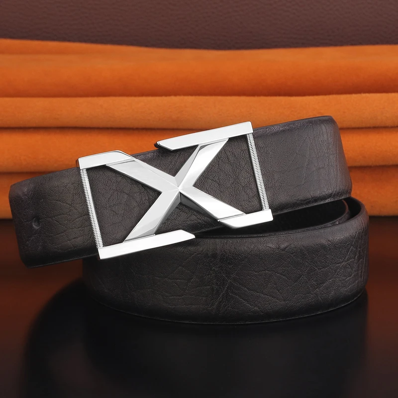 High Quality X Letter Personality Designer Belts Men Genuine Leather Slide Buckle Full Grain  Waist Strap Fashion Ceinture Homme