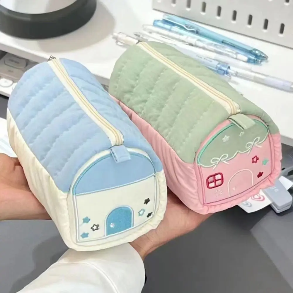 Cute Cotton Linen Pencil Case Large Capacity Blue Pink Pen Bag Multifunctional Stationery Bag School