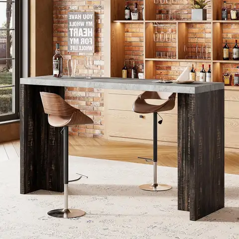 55" Long Counter Height Pub Table for 4-6 People, Modern Rectangular Home Bar in Gray+Brown