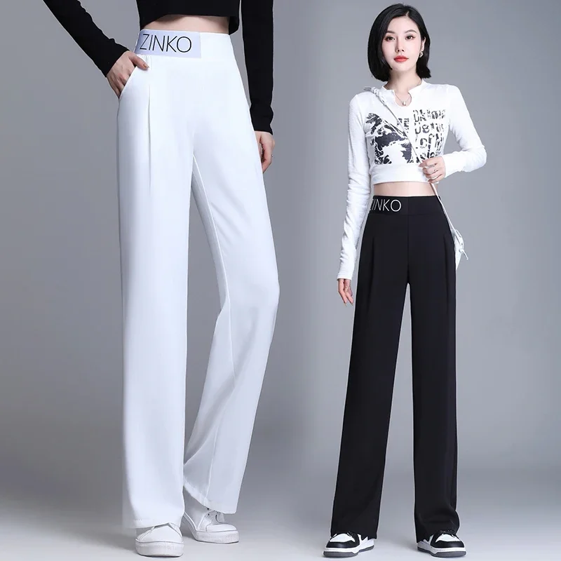 

Women Wide Leg Pants 2024 High Waist Casual Summer Slacks Women Ice Silk Elastic Waist Long Trousers Female Slacks Plus Size 3XL