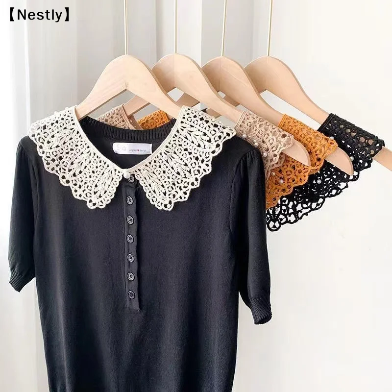 Women Sweet Shirt Detachable Doll Fake Collar Hollow Out Floral Lace Ruffled Trim False Collar Woman Fake Collar Shawl〔Nest〕