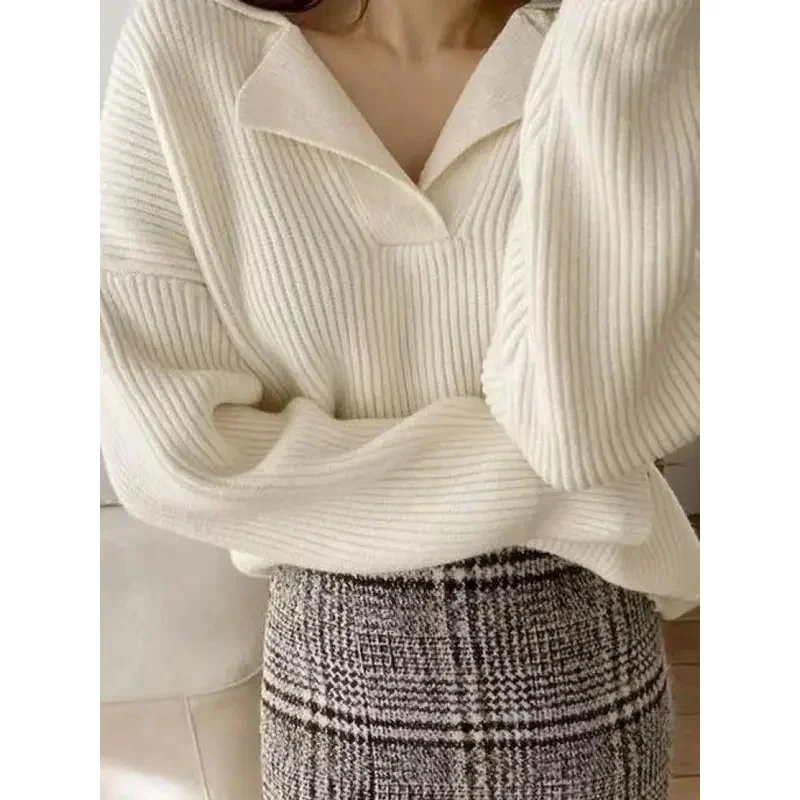 Women\'s Knitwear Sweaters Basic Warm Vintage Green Sweater Knitted Oversized Thick Loose White Pullover Jumper for Women 2024