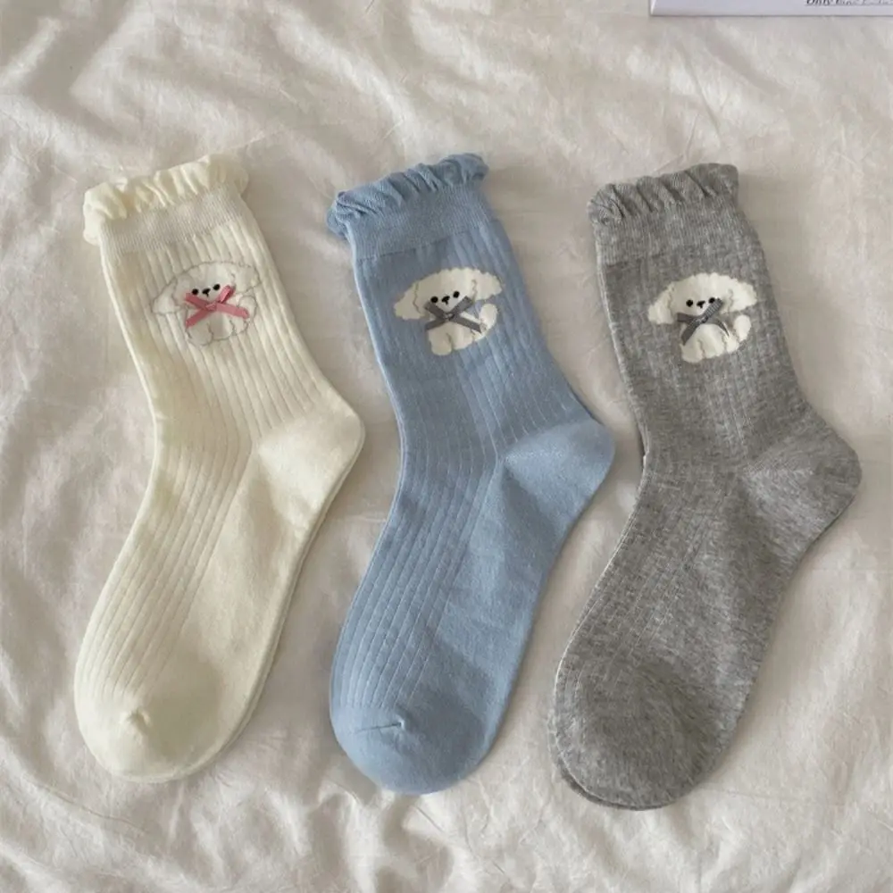 4-pares-dos-desenhos-animados-cao-bowknot-plissado-meias-antiderrapante-meias-tubo-doce-kawaii-estilo-ballet-meados-de-bezerro-meias-femininas-streetwear
