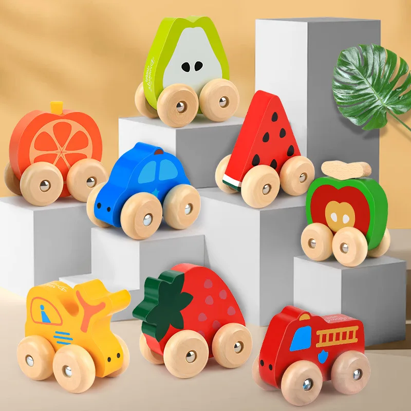 Baby Wooden Toys Cute Cartoon Fruit Sliding Car Pull Back Car Vehicle Kids Mini Traffic Inertia Car Children Gifts