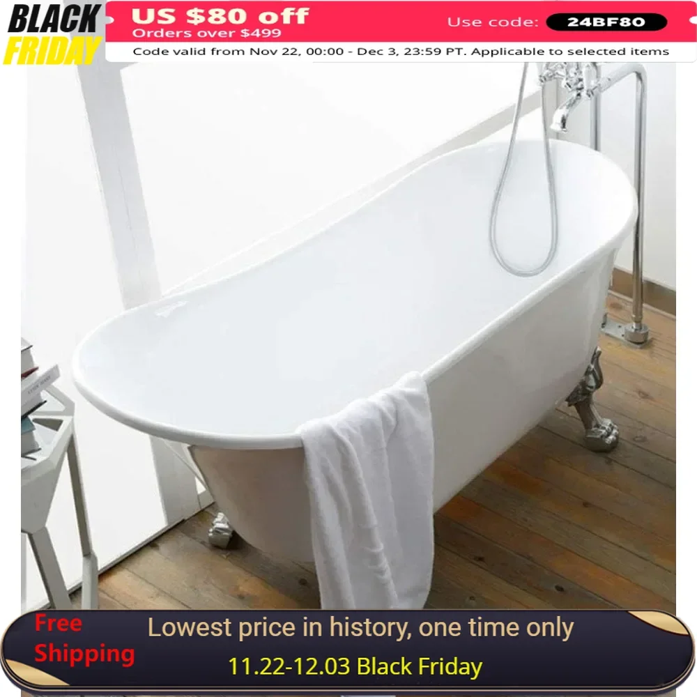 Bathtub, 63-inch, Freestanding Acrylic Soaking Oval, Spa Bathtubs with Solid Brass Polished Chrome Drain, Freestanding Bathtub