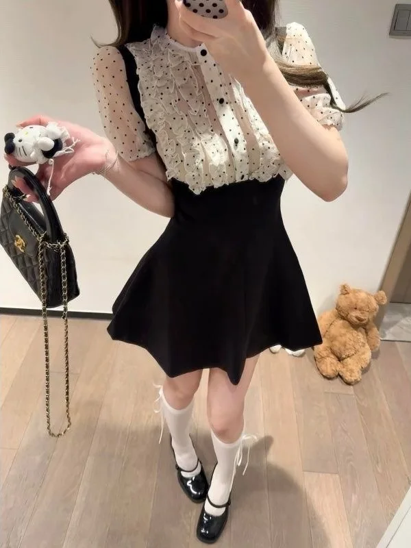 

Black Polka Dot Shantung Splice Sleeveless Sweet Waist Cinching Overalls Set for Young Women Summer Fashion Outfits