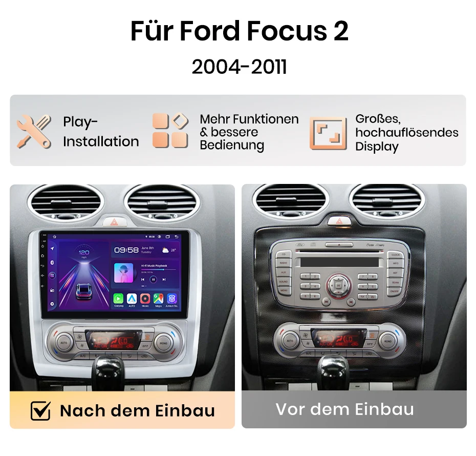 Junsun 9-Zoll Android 15 Autoradio für Ford Focus 2 3 Mk2 Mk3 2004-2011, kabelloses Apple CarPlay, Auto-Bildschirm, Stereo-Multimedia-Videoplayer, intelligente Fahrzeugsysteme, 2-DIN-Autoradio-Haupteinheit, GPS-Navigation, Bluetooth, 4G, WLAN, 8-Kern-Prozessor, FM, DSP, RDS, DAB+ – Detail 6