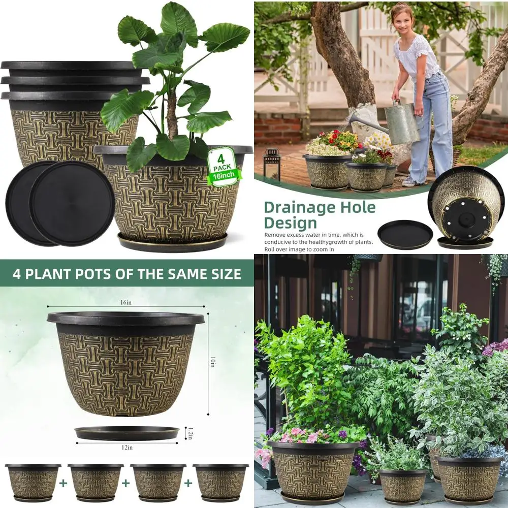 

4 pack 16 inch planter,large plastic flower pots outdoor indoor with drainage holes & trays, retro antique imitation decorative