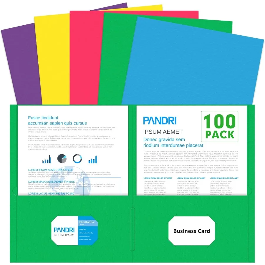 Dua Folder Kantong PANDRI 100 Pack Ukuran Letter untuk Kertas, Folder File untuk Sekolah, Kantor, Rumah, Organisasi Bisnis, Berbagai Warna (5 Warna)