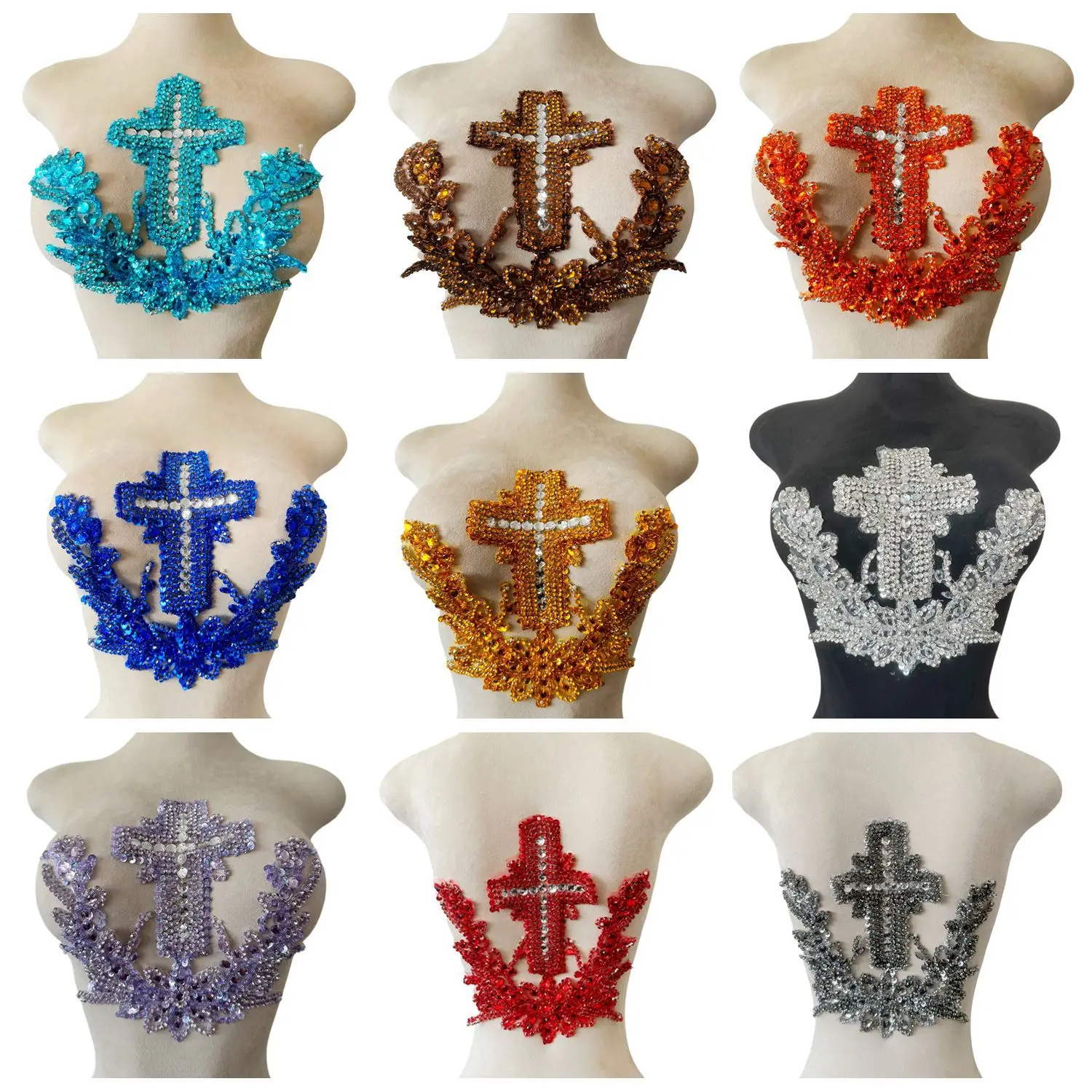 18 Colors Handwork Beaded Sequin Rhinestone Cross-Neck Patches for Evening Dresses Decorative Embellishments Fabric Material